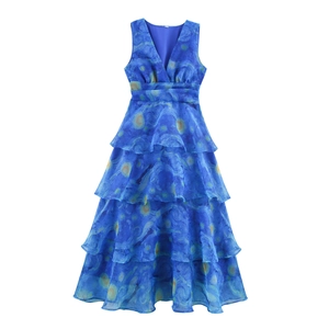 Abito Maxi Stampa Notte Stellata Senza Maniche Scollo A V Volant A Strati Organza Estate Elegante Artistico Per Donna