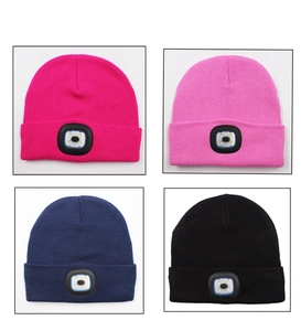 Detail view of four-color LED knit beanies in pink, rose, navy, and black options