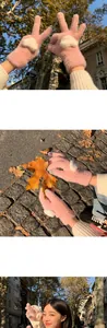 Close-up of pink thermal knit gloves with plush heart detail worn by a model outdoors