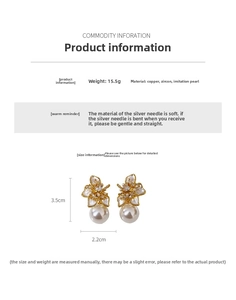 Macro detail of floral pearl earrings with dimensions 3.5cm by 2.2cm and 15.5g weight