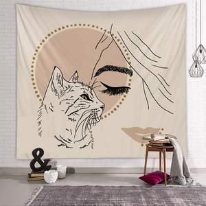 Detailed view of bohemian tapestry featuring minimalist line art of woman and cat
