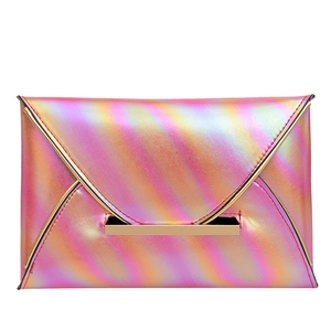 Pink iridescent envelope clutch bag with metallic gold trim and striped rainbow finish