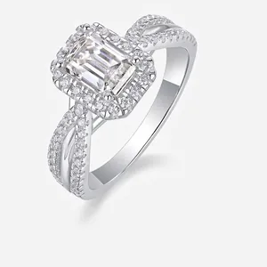 Emerald cut moissanite halo ring in S925 sterling silver with twisted pavé band
