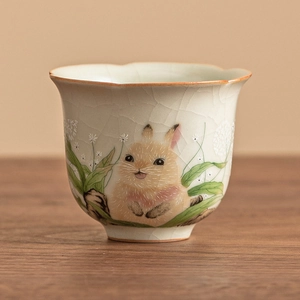 Ru Ware Ceramic Teacup Petal Shaped Crackle Glaze Hand Painted Rabbit Dandelion Pattern Kung Fu Tea Tasting Cup Novelty