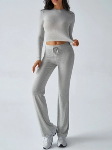 Full view of women's gray Y2K slim long-sleeve crop top and drawstring wide-leg pants set