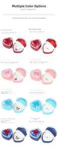 Multiple views showing color options and dimensions for heart rose jewelry gift boxes