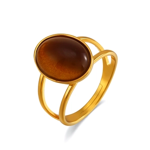 Minimalist gold stainless steel ring with a large oval brown resin stone inlay