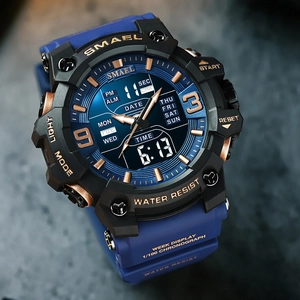 Dual-display waterproof sports watch for men with camouflage band and golden dial finish