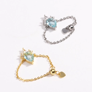 18K gold and silver teardrop blue gemstone chain rings with heart charms and adjustable beads