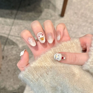 Handmade Christmas press-on nails with 3D snowman, snowflakes and gradient silver design