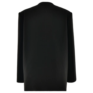 Back view of minimalist black slim fit blazer with premium smooth texture and clean cut