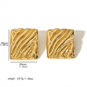 Gold square wave textured stud earrings in stainless steel with size and weight specs