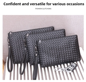 Three-piece black woven leather clutch bag set with silver zippers and wrist straps