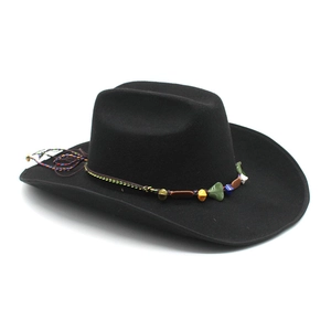 Black western cowboy wool felt hat with colorful braided ethnic band and stones