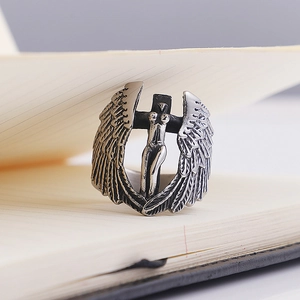 Vintage Men Stainless Steel Ring Angel Wings Cross Relief Gothic Punk Jewelry Retro Silver Color Hollow Band