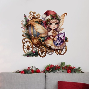 Detailed view of fairy in golden carriage Christmas wall sticker for living room decoration