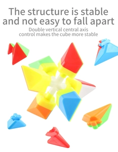 Exploded view of the double vertical central axis system for stable pyramid cube toy