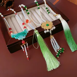 Neo Chinese Style Pendant Necklace With Imitation Artificial Pearl And Glass Bead Phoenix Lotus Safety Lock Long Tassel Vintage