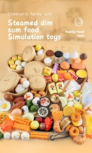Overhead view of over 50 pieces of realistic play food including burgers, sushi and dim sum