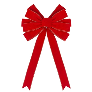 Red velvet Christmas bow with gold wire edges, festive holiday decoration on white background