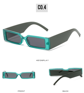 Three views of green rectangular sunglasses showing the 45 degree angle front and back sides