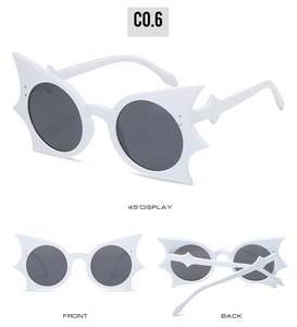 Detailed multi-angle views of white bat-wing butterfly sunglasses with dark lenses