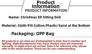 Detailed specifications for Christmas sitting elf doll made of cloth and sand filling