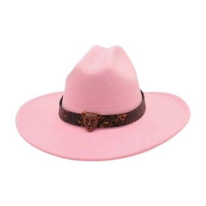 Detail of pink felt cowboy hat featuring leopard print band and bronze leopard head buckle