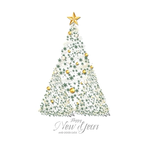 Christmas tree wall sticker with green snowflakes, golden ornaments and holiday greetings