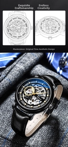 Macro shot of skeleton automatic mechanical watch dial with golden hands and leather strap