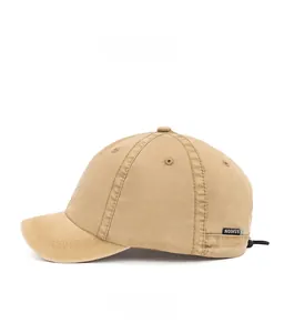 Left side view of khaki cotton baseball cap showing short brim and adjustable drawstring