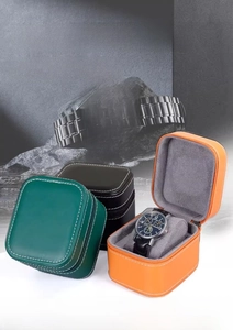 Detail of portable PU leather watch boxes with zipper closure and soft lining
