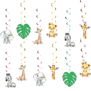 12-piece Wild One jungle animal swirl decorations with elephant, lion, and zebra designs