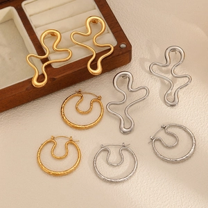 Irregular Geometric Stainless Steel Earrings Women Hammered Texture Hollow Wave Double Hoop Stainless Steel Earring Post