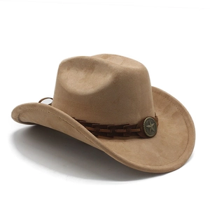 Detail of camel suede cowboy hat with braided leather band and star metal buckle accent
