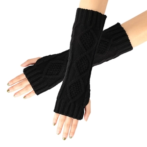 Close-up of black cable knit long fingerless gloves showing diamond textured pattern