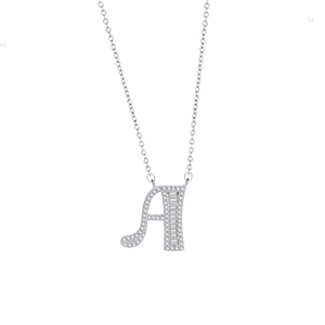 Silver letter A pendant necklace with sparkling zircon stones on a fine O-chain link