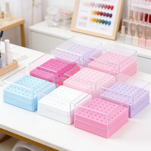 Detailed view of colorful 30-hole nail drill bit storage boxes with clear acrylic dust lids