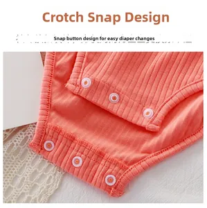 Detail of baby bodysuit featuring three-snap crotch closure and soft ribbed cotton fabric