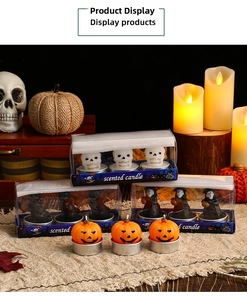 Macro detail of Halloween candle set featuring pumpkin, skull, and reaper in a gift box