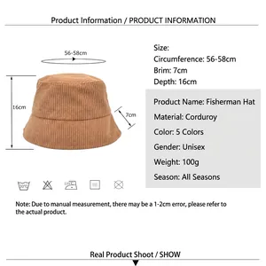 Brown corduroy bucket hat for adults featuring size guide and product specifications