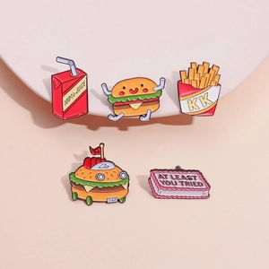 5-piece fast food enamel pin set featuring cartoon burger, fries and funny cake badges