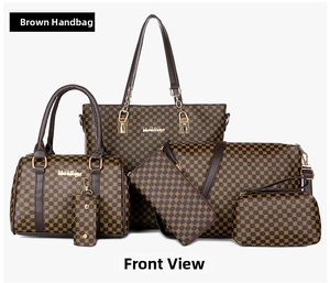 Brown six-piece handbag set with vintage pattern featuring tote, crossbody and wallet