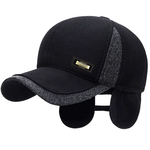 Men Winter Baseball Cap With Ear Flaps Warm Windproof Patchwork Metal Label Fashion Adjustable Outdoor Hat