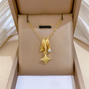 Four Pointed Star Pendant Necklace Gold Plated Stainless Steel Chain Copper Zircon Circle Artificial Pearl Elegant Women Clavicle