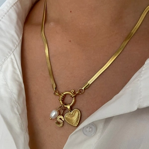Stainless Steel Necklace With Natural Freshwater Pearl Heart Initial Letter Pendant Gold Plated Snake Chain For Women