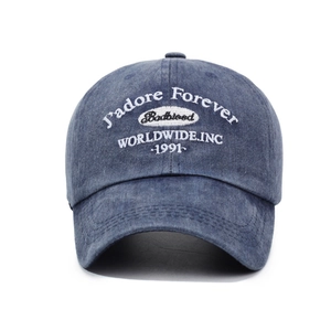 Vintage washed navy denim baseball cap with white J'adore Forever embroidery on front