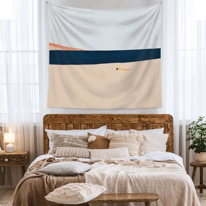 Detail showing high-quality bohemian beach tapestry with deep blue sea illustration