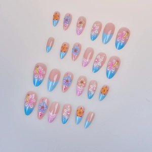 3D floral almond press-on nails with blue gradient and pearl accents for summer