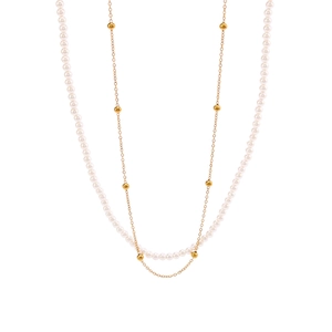 French vintage double layer necklace with white pearls and golden bead chain in stainless steel